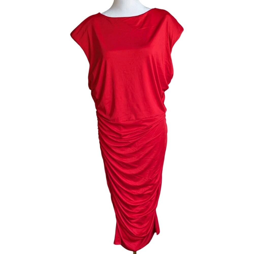Sofia Vergara Red Ruched Dress Bodycon Midi Sheath Cut Out Women XL Stretch plus - Picture 4 of 13